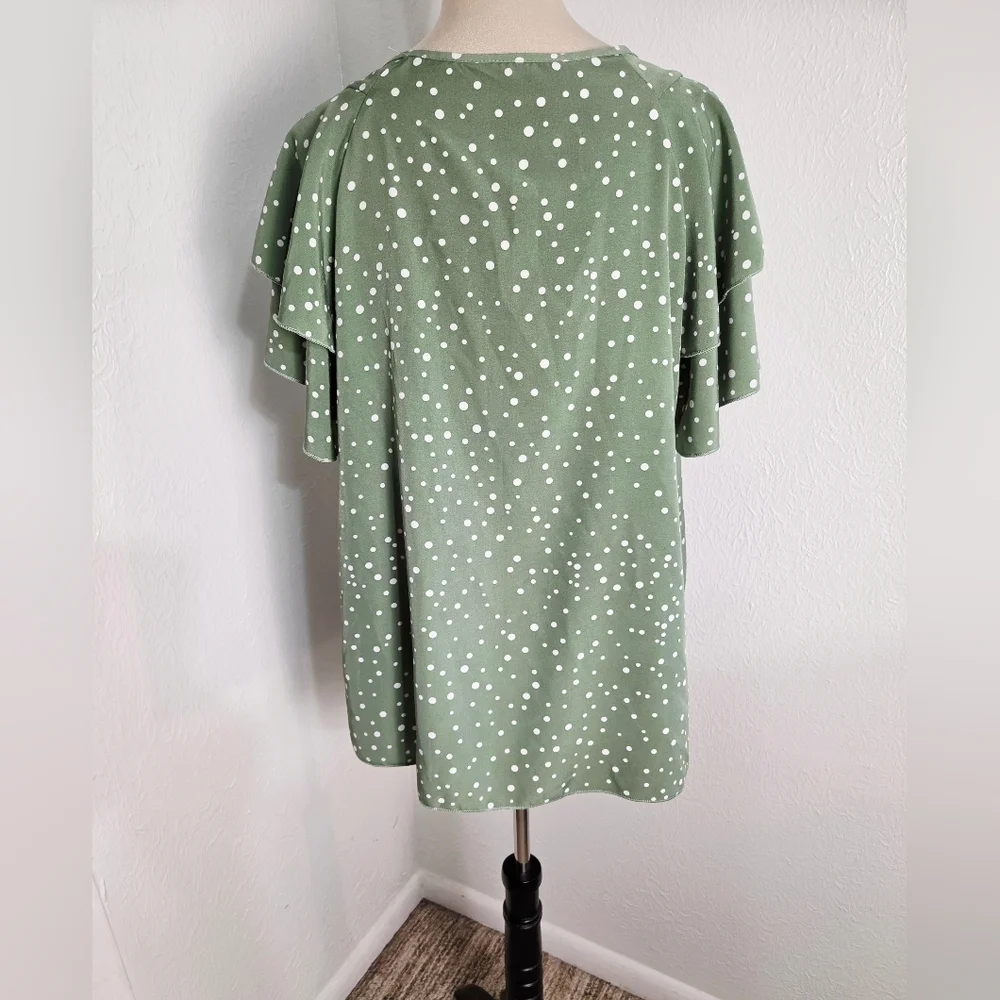 Sage Polka & White Polka-Dot Top, Ruffled, Layered Short Bell Sleeves, Size 1X